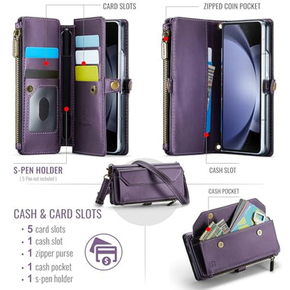 Strapurs Crossbody Wallet Case Compatible with Samsung Galaxy Z Fold 5 with RFID Blocking Card Holder & Pen Holder Slot Soft PU Leather Shoulder Strap Zipper Pocket Purse Fold 5 Phone Case, Purple | RFID Blocking 5-Card Holder, Shoulder Lanyard, Wirst Str