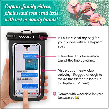 Eco Sun Waterproof Phone Pouch (2-Pack) — Designed in Hawaii — Case Fits All iPhones (incl. 17 Pro Max), Samsung Galaxy S24 & More (Black/Clear) - color: Black/Clear