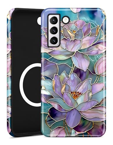Magnetic Flower Case for Samsung Galaxy A16 5G, Purple | Compatible with MagSafe, Cute Aesthetic Stained Glass Lotus Floral, TPU and PC Protective Phone Cover for Women Girls - color: Purple Lotus