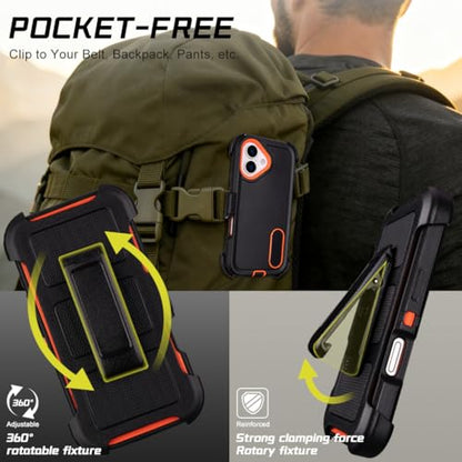 Defender for Phone Case iPhone 17 Case with Belt Clip Holster Black Orange | Heavy Duty Rugged Protective Phone Case, Dual Layer Shockproof Cover - color: Black-Orange