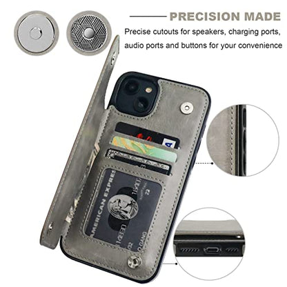 ONETOP for iPhone 14 Plus Wallet Case with Credit Card Holder,Gray | Kickstand,ID/Cash Holder,Case Wallet with Card Slots,Double Magnetic Clasp,Durable PU Leather Shockproof Cover for Women Men - color: Gray