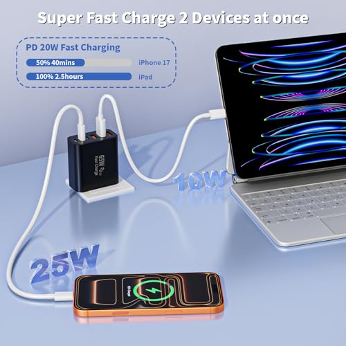 3 Pack 65W Apple USB C Charger Fast Charging,PD Power Adapter+ QC Wall Plug - color: Black, size: 3Pack