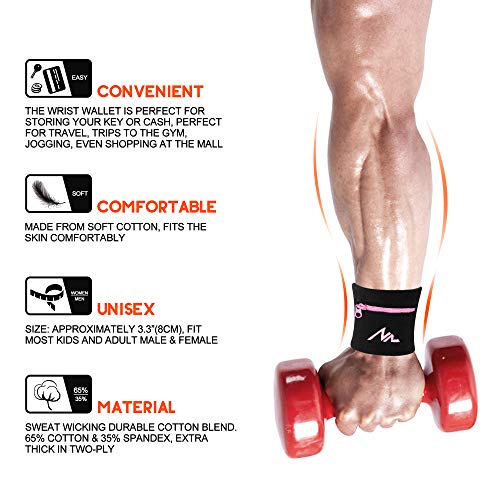 NEWZILL Wrist Wallet Wristband with Zipper for Men & Women, Cotton - color: Black/Pink, size: Small