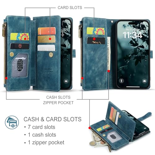 Compatible with iPhone 17 Wallet Case with Card Holder Kickstand Magnetic Zipper Pocket Lanyard Strap Wristlet,Leather Flip Case Wallet for iPhone 17 6.3 Inch (Blue) - color: Blue, size: iPhone 17 6.3 Inch