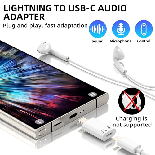 Lightning Female to USB C Male Audio Adapter for iPhone 17 16 15 Pro Headphone Lighting Microphone Converter Earphone Adaptor Cable Mic Earbuds for Ipad Jack Adaptador Compatible for Samsung