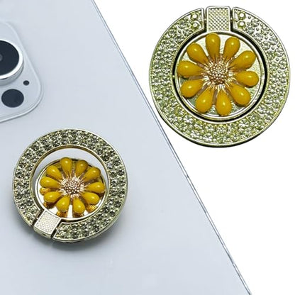 2 Pack Slim Bling Cute Cell Phone Grip Ring Holder Adhesive Backgrips, Chrysanthemum Bling Diamond Thin Smartphone Finger Grips Loop Handle Stand for The Back of iPhone - Yellow - color: Yellow Yellow