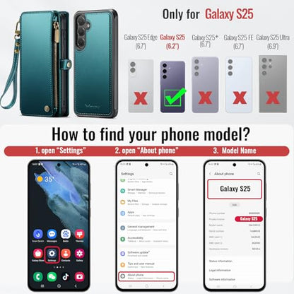 Defencase for Galaxy S25 Case Wallet Compatible with Magsafe, Blue Green | Magnetic Detachable, with RFID Bolcking Card Holder, Zipper Strap, PU Leather Drop-Proof Phone Cover for Samsung Galaxy S25 - color: (Detachable with Magsafe)-Blue Green