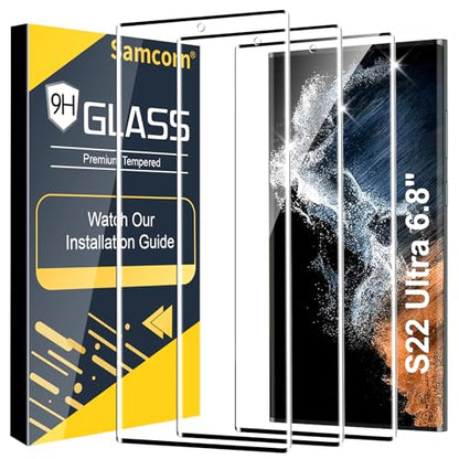 Samcorn 3 Pack Galaxy S22 Ultra Screen Protector, HD Clear Tempered Glass, Fingerprint Unlock, 3D Curved, Scratch Resistant, No Bubble for Samsung Galaxy S22 Ultra 5G Glass Screen Protector