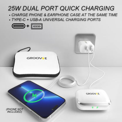 Groove Wireless Bluetooth Earbuds Over Ear Electronics | 4-in-1 Kit | Includes (2) Ear Buds (1) Rechargeable Case with Cable (1) Wireless Charging Pad for Mobile Phone (1) Travel Bag | Travel Kit - color: White