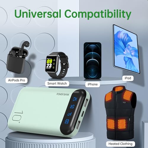 YOBON Power Bank 10000mAh Portable Charger Slim Battery Pack with 2 USB 2.4A Outputs and USB C in/Out Compatible with Huawei iPhone 16 15 14 13 12 iPad Samsung Galaxy S20 Android Tablet (Light Green) - color: Light Green