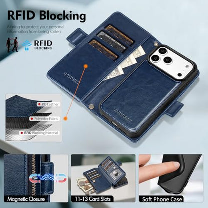 Antsturdy Compatible with MagSafe iPhone 17 Pro Max Wallet Case,Dark Blue | Detachable Magnetic Credit Card Holder,RFID Blocking,PU Leather Zipper Purse,Wrist Strap Kickstand,Flip Phone Cover for Women - color: (Detachable with Magsafe)-Dark Blue