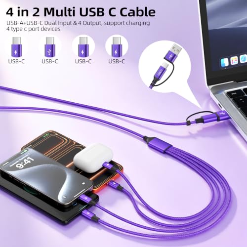 4 in 2 USB A/C to USB C Cable, USBC Multi Charging Cable [2 Pack, 5FT] - color: Purple