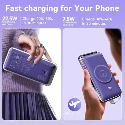 Magnetic 10000mAh Portable Charger for iWatch & iPhone, PD Fast Charging Wireless Power Bank Built-in Cables and Wall Plug, External Travel Battery Pack Compatible with iOS Android Phones - color: Dark Blue