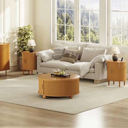 DHH Mid Century Modern Nightstand with Charging Station, Fluted Accent Side Table with Sliding Door & Adjustable Shelf, End Table for Small Space, Living Room, Bedroom,Sofa Couch(1, Yellow) - color: Yellow Walnut