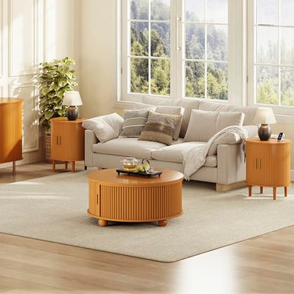 DHH Mid Century Modern Nightstand with Charging Station, Fluted Accent Side Table with Sliding Door & Adjustable Shelf, End Table for Small Space, Living Room, Bedroom,Sofa Couch(1, Yellow) - color: Yellow Walnut