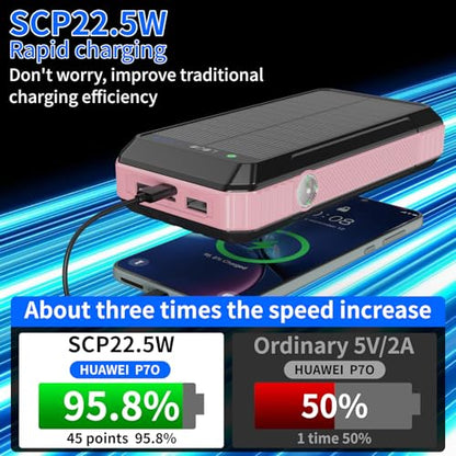 Solar Power Bank 49800mAh, Portable Charger with Built-in 4 Cables, 22.5W Fast Charging Solar Panel Charger for Traveling, Camping and Emergency(Pink) - color: Pink