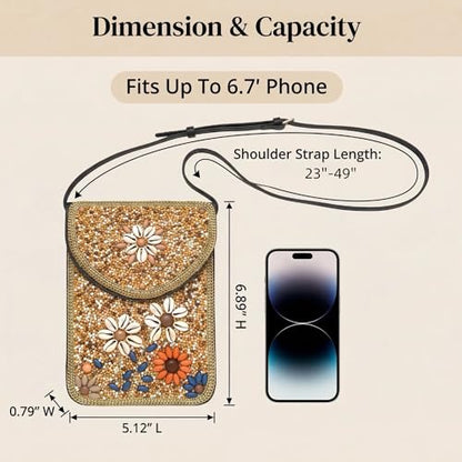 Small Crossbody Bags for Women, Cell Phone Shoulder Bag Boho Wallet Purse - color: Yellow Flower