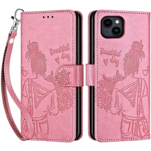 for iPhone 15 Plus Wallet case, Pink-Girl | 3 Card Holders, Kickstand, Shockproof TPU Shell, PU Leather, Magnetic Closure, Protective Flip Folio Cover, Women - color: 1