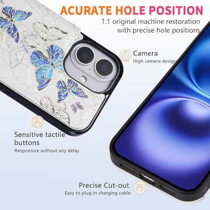 UEEBAI Wallet Case for iPhone 17 with Card Holders, PU Leather Floral Cover Kickstand RFID Blocking Double Magnetic Clasp Rilievo Flower Flip Case for Women Girls - Blue Butterfly | PU Leather Cover, Kickstand, RFID Blocking, Double Magnetic Clasp, Riliev