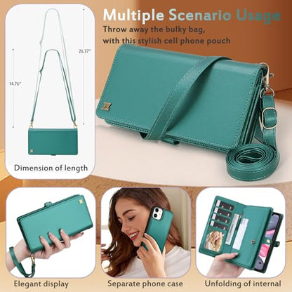 for Wallet Case Compatible with iPhone 11,Multi-Function Detachable 2 in 1 Magnetic iPhone 11 Wallet,Flip Strap Zipper Card Holder Phone Case with Shoulder Straps (Green) - color: Green, size: iPhone 11