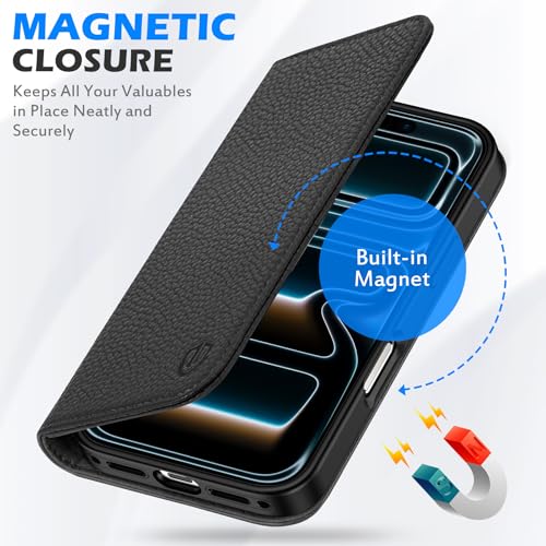 SHIELDON Genuine Leather Case Wallet for iPhone 17 Pro 6.3", Pebbled Black | Magnetic Closure, RFID Blocking, Credit Card Slot, Viewing Stand, Foldable Design, Shockproof TPU Phone Cover - color: Pebbled Black
