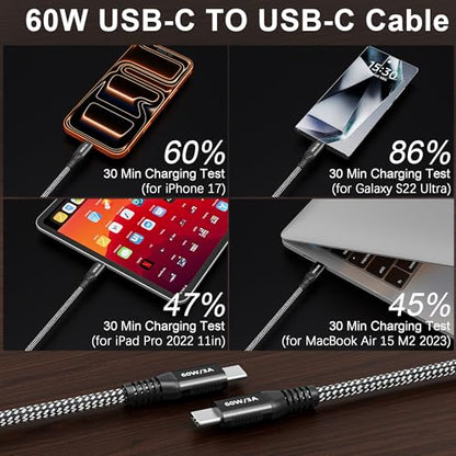 20ft USB C to USB C Cable 60W Fast Charging, Super Long Braided Type C Cable for iPhone 15/15 Pro/16/17, Samsung Galaxy S24, iPad Pro/Air, MacBook Pro/Air, Google Pixel (USB 2.0 Data Sync)