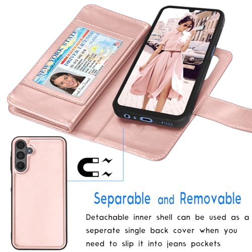Galaxy A15 5G Case, Galaxy A15 5G Wallet Case, Tekcoo Luxury PU Leather Cash Credit Card Slots Holder Carrying Folio Flip Cover [Detachable Magnetic Hard Case] Kickstand for Samsung A15 5G [Rose Gold] - color: W-Rose Gold