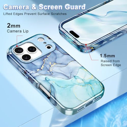 Btscase Compatible with iPhone 17 Pro Case 6.3 Inch 2025,Marble Pattern 3 in 1 Heavy Duty Shockproof Full Body Rugged Hard PC+Soft Silicone Drop Protective Women Girl Phone Cases, Blue Cyan - color: Blue Cyan, size: iPhone 17 Pro