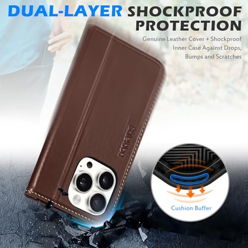 SHIELDON Real Leather Case Wallet for iPhone 16 Pro 6.3" 2024, Retro Coffee | Magnetic Closure, RFID Blocking, Credit Card Slot, Kickstand, Flip Book Design, Soft Shockproof Phone Cover - color: Retro Coffee