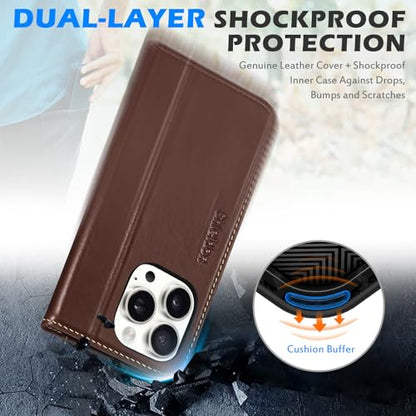 SHIELDON Real Leather Case Wallet for iPhone 16 Pro 6.3" 2024, Retro Coffee | Magnetic Closure, RFID Blocking, Credit Card Slot, Kickstand, Flip Book Design, Soft Shockproof Phone Cover - color: Retro Coffee