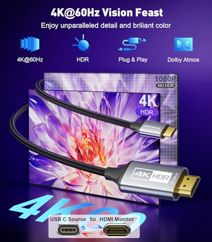 USB C to HDMI Cable 6Ft for Home Office (4K@60Hz) for Laptop - size: 6FT, style: 1 Pack