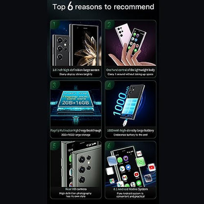 Diyeeni S23 Pro Mini Smartphone 3.0 Inch 3D Glass, 2GB 16GB ROM, 2MP Rear Camera, 3G Pocket Cell Phone for 8.1, Dual Cameras, Backup Phone (Black)