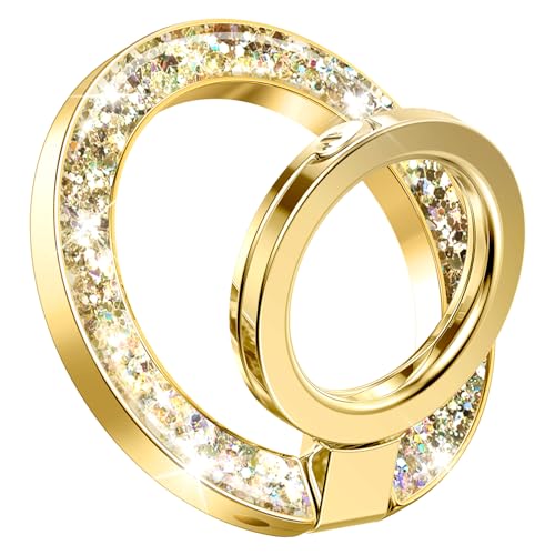 GVIEWIN Magnetic Phone Ring Holder, Compatible with MagSafe Phone Grip | Adjustable Stand, Magnet Phone Ring Kickstand, for iPhone 17/16/15/14/13/12 Pro Max Plus Air/Other Phones (Glitter/Gold) - color: Glitter/Gold