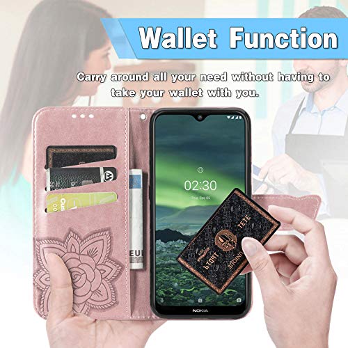 Wallet Case for Samsung Galaxy A03s with Card Holder Rose Gold | PU Leather Flip Phone Cover,Wrist Strap,Woman Man Purse,Emboss Butterfly Flower,Stand,Shockproof TPU Shell, Magnetic Closure - color: B Rose Gold