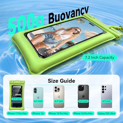 Floating Waterproof Phone Pouch 2 Pack - Dual Floatable Airbags Up to 7.2", IPX8 Waterproof Phone Dry Bag with Lanyard for Beach, for iPhone 17 16 15 Samsung Galaxy Etc., Black + Green - color: Black + Green