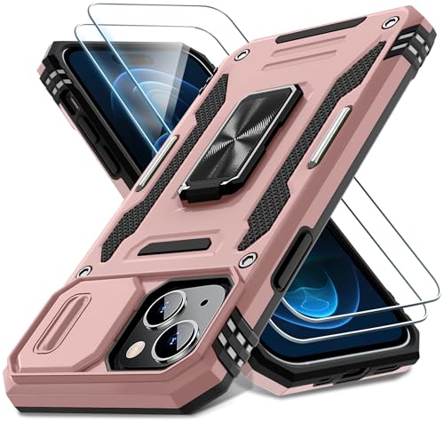 DEERLAMN Case for iPhone 15 with Slide Camera Cover + Screen Protector (2 Packs), Rotated Ring Kickstand Military Grade Shockproof Protective Cover-Rose Gold - color: Rose Gold