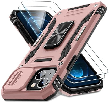 DEERLAMN Case for iPhone 15 with Slide Camera Cover + Screen Protector (2 Packs), Rotated Ring Kickstand Military Grade Shockproof Protective Cover-Rose Gold - color: Rose Gold