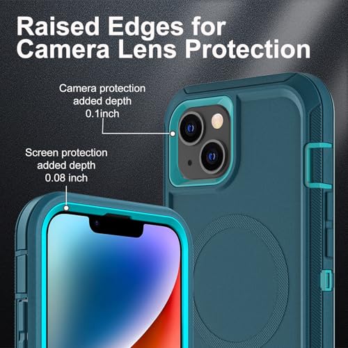 YKHJKLEC for iPhone 13/iPhone 14 Case, Compatible with Magsafe, 3 in 1 Heavy Duty Shockproof/Drop Proof/Dust Proof Case with 2Pcs Tempered Glass Screen Protector (New-Blue/Turquoise) - color: New-Blue/Turquoise