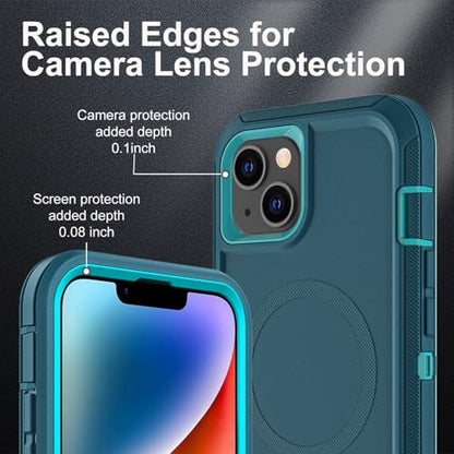 YKHJKLEC for iPhone 13/iPhone 14 Case, Compatible with Magsafe, 3 in 1 Heavy Duty Shockproof/Drop Proof/Dust Proof Case with 2Pcs Tempered Glass Screen Protector (New-Blue/Turquoise) - color: New-Blue/Turquoise