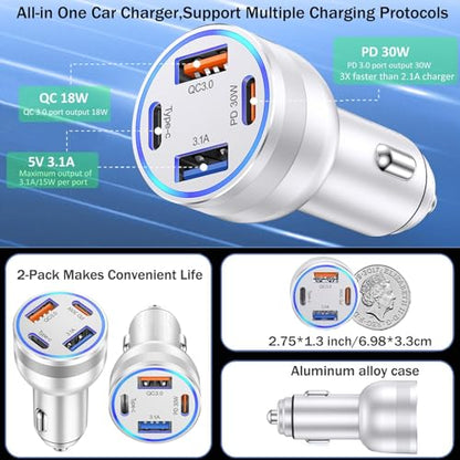 USB C Car Charger 65W, 2Pack 4-Port Fast Charging Car Phone Charger Adapter - color: Silver, size: 2 Pack