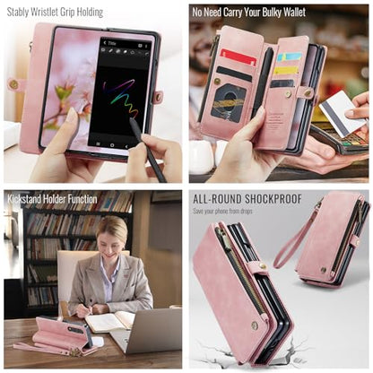 Defencase for Samsung Galaxy Z Fold 4 Wallet Case with Card Holder, Pink | Durable Soft PU Leather, RFID Blcking Zipper Pocket, with S-Pen Holder & Strap, Flip Phone Cases with Stand for Women Men - color: Airy Rose Pink