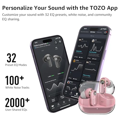 TOZO Crystal Pods Hybrid Active Noise Cancelling Wireless Earbuds, Pink - color: Pink