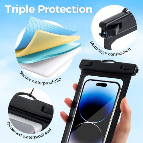 Waterproof Cell Phone Bag Black 2 Pack | Waterproof Phone Pouch for 7" Phones, Touch Sensitive Clear Case, Lanyard, Beach Swimming - color: Black