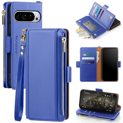 Antsturdy Compatible with Google Pixel 9 5G Wallet Case with Card Holder Women Men,Pixel 9 Pro Phone Case PU Leather Flip Protective Cover Wrist Strap Zipper Credit Card Slots RFID Blocking,PurpleBlue - color: Purple Blue