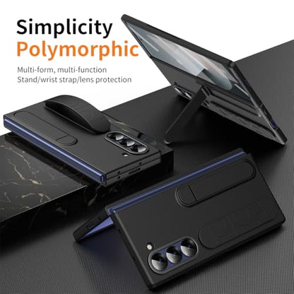 for Samsung Galaxy Z Fold 6 Protect Case with Wristband Stand,Bulit-in Screen & Lens Protection Shockproof Full Body Drop Fall Protection.(Black) - color: Black