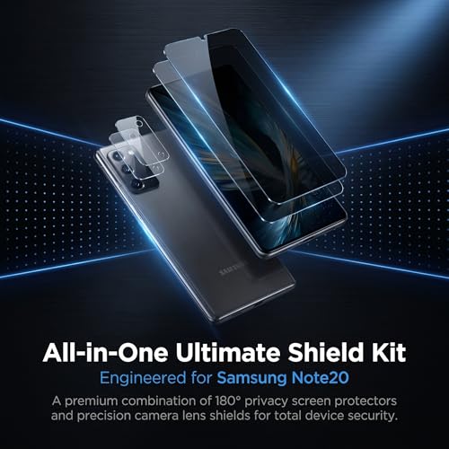 2 Pack Privacy Screen Protector for Samsung Galaxy Note 20 with 2 Pack Camera Lens Protector, Tempered Glass Fingerprint Unlock Compatible, 180 Degree Anti Spy Anti Glare Full Coverage Shield