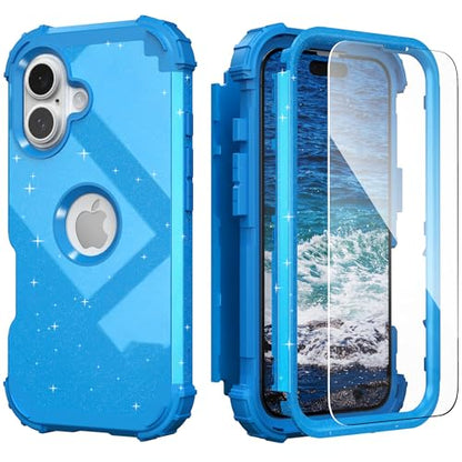 IDweel for iPhone 16 Case with Screen Protector for Women,Luxury 3 in 1 Shockproof Slim Fit Hybrid Heavy Duty Hard PC Cover Soft Silicone Bumper Full Body Anti-Fingerprint Case,Glitter Sky Blue - color: Glitter Sky Blue
