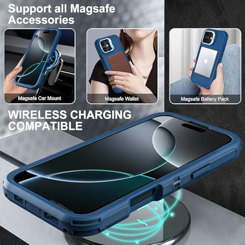 YKHJKLEC for iPhone 16 Pro Case, Military Grade 3 in 1 Heavy Duty Shockproof/Drop Proof/Dust Proof with Kickstand Case, with 2 x Tempered Glass Screen Protector & 1 x Wrist Strap (ZJ-Navy Blue) - color: ZJ-Navy Blue