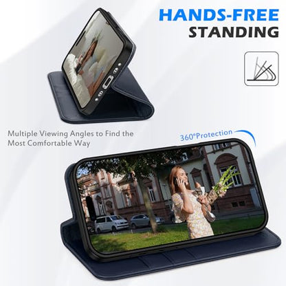 SHIELDON Genuine Leather Wallet Case for iPhone Air 6.5" 2025, Navy Blue | Magnetic Closure, RFID Blocking, Credit Card Holder, Kickstand, Folio Design, Shockproof Protective Cover - color: Navy Blue