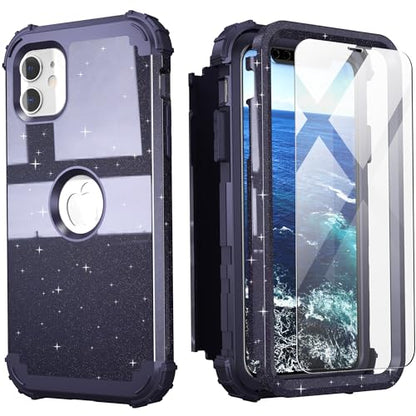 IDweel for iPhone 11 Case with Screen Protector(Tempered Glass), Hybrid 3 in 1 Shockproof Slim Fit Heavy Duty Protection Hard PC Cover Soft Silicone Bumper Full Body Case,Glitter Navy Blue - color: Glitter Navy Blue